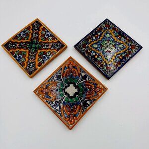 Talavera Mexican Handpainted Tiles /Coasters w/Cork Backing Lot of 3 Patterns